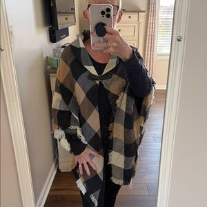 Sonoma Buffalo Plaid Fringe Toggle Poncho - Black and Tan